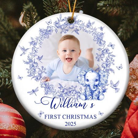 Babyens første jul til babyjente, babygutt Toile De Jouy - Personlig keramisk fotoornament